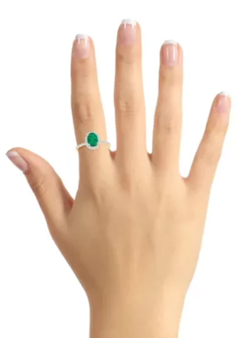 Lab Created 10K Yellow Gold 8x6mm Oval Emerald & White Sapphire Halo Ring