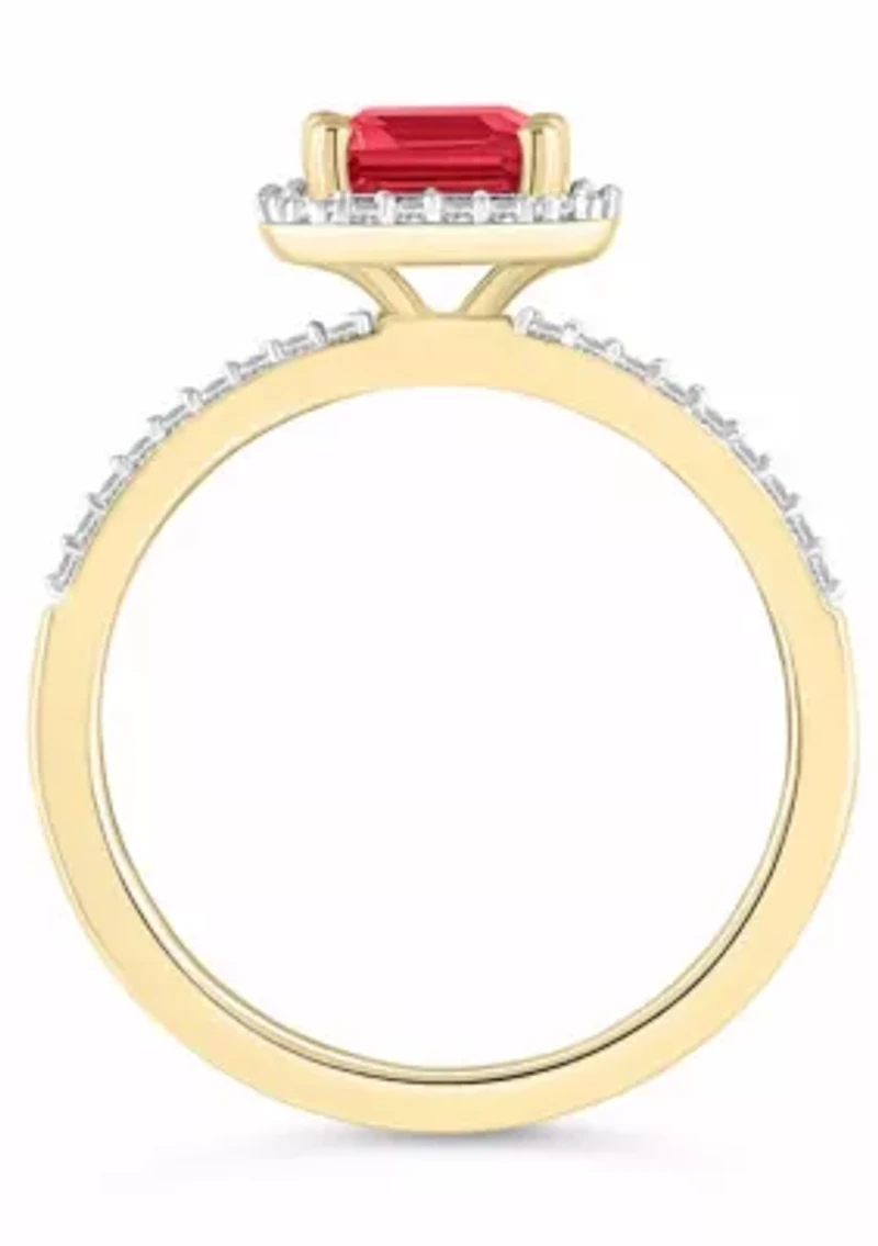 Lab Created 10K Yellow Gold 8x6mm Emerald Cut Ruby & White Sapphire Halo Ring