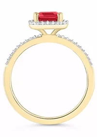 Lab Created 10K Yellow Gold 8x6mm Emerald Cut Ruby & White Sapphire Halo Ring