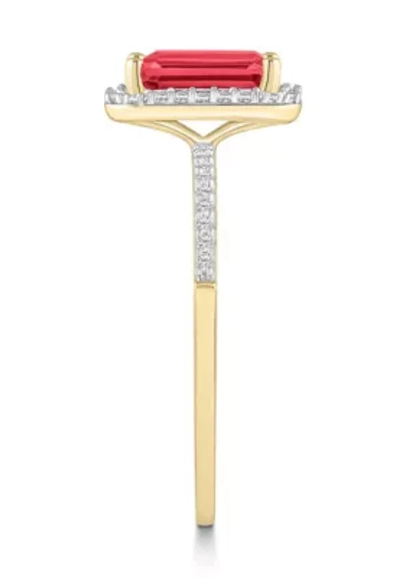 Lab Created 10K Yellow Gold 8x6mm Emerald Cut Ruby & White Sapphire Halo Ring