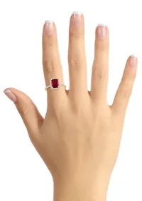 Lab Created 10K Yellow Gold 8x6mm Emerald Cut Ruby & White Sapphire Halo Ring