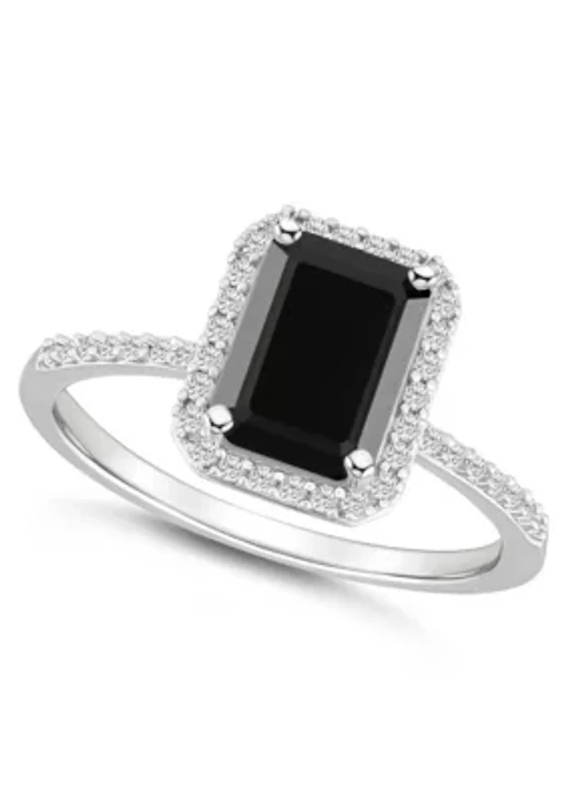 10K White Gold 8x6mm Emerald Cut Black Onyx & Created Sapphire Halo Ring