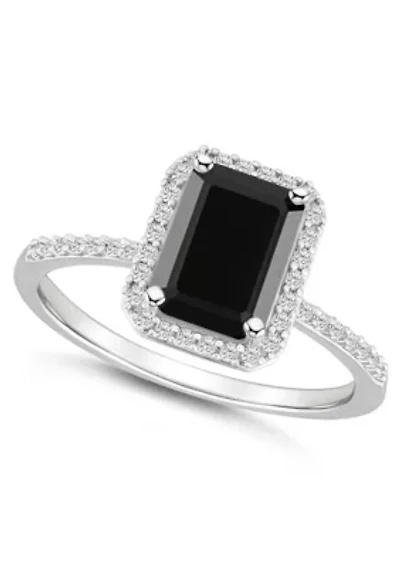 10K White Gold 8x6mm Emerald Cut Black Onyx & Created Sapphire Halo Ring