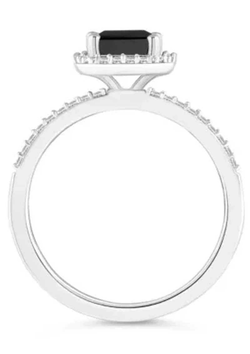 10K White Gold 8x6mm Emerald Cut Black Onyx & Created Sapphire Halo Ring
