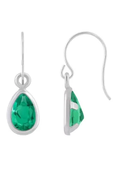 Lab Created 10K White Gold 6x4mm Pear Shape Emerald Drop Earrings