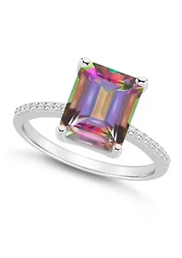 Sterling Silver 10x8mm Emerald Cut Mystic Topaz 1/10 CTTW Diamond Ring