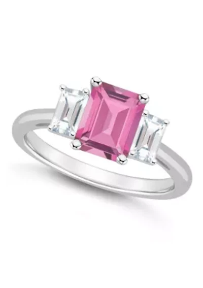 Sterling Silver 8x6mm Emerald Cut Pink Topaz & White 3-Stone Ring