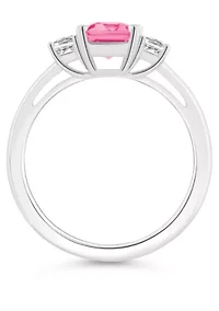Sterling Silver 8x6mm Emerald Cut Pink Topaz & White 3-Stone Ring