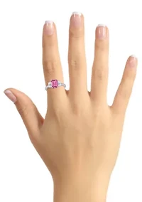 Sterling Silver 8x6mm Emerald Cut Pink Topaz & White 3-Stone Ring