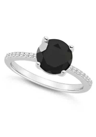 Sterling Silver 8mm Round Black Onyx 1/10 CTTW Diamond Ring