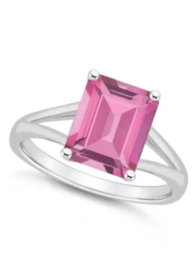 Sterling Silver 10x8mm Emerald Cut Pink Topaz Split Shank Ring