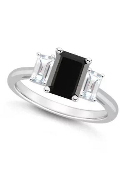 Sterling Silver 8x6mm Emerald Cut Black Onyx & White Topaz 3-Stone Ring