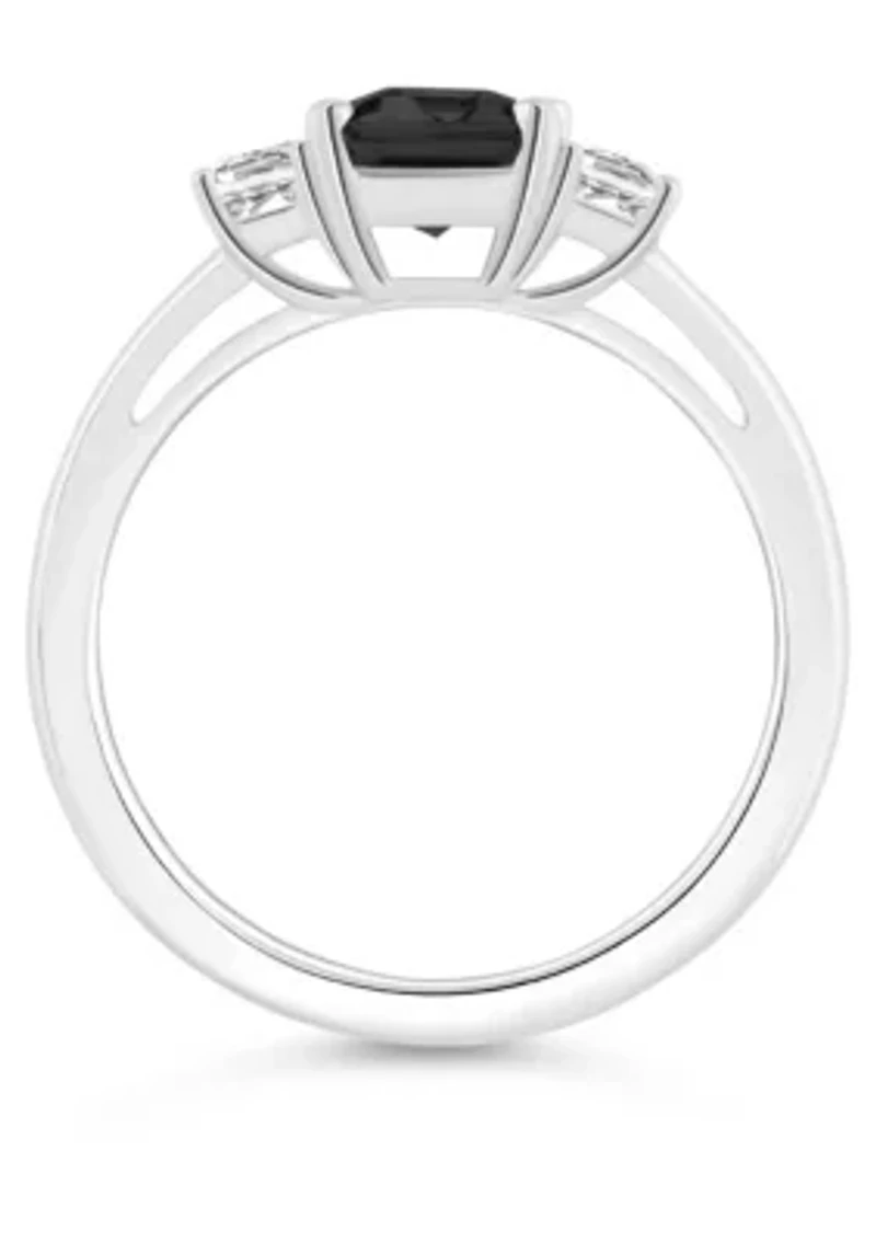 Sterling Silver 8x6mm Emerald Cut Black Onyx & White Topaz 3-Stone Ring