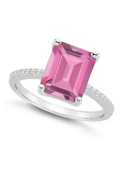 Sterling Silver 10x8mm Emerald Cut Pink Topaz 1/10 CTTW Diamond Ring