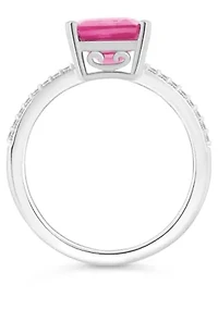 Sterling Silver 10x8mm Emerald Cut Pink Topaz 1/10 CTTW Diamond Ring