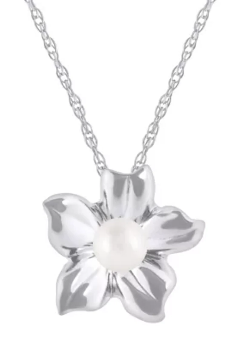 10K Gold 4mm Round Pearl Hibiscus Flower Pendant Necklace