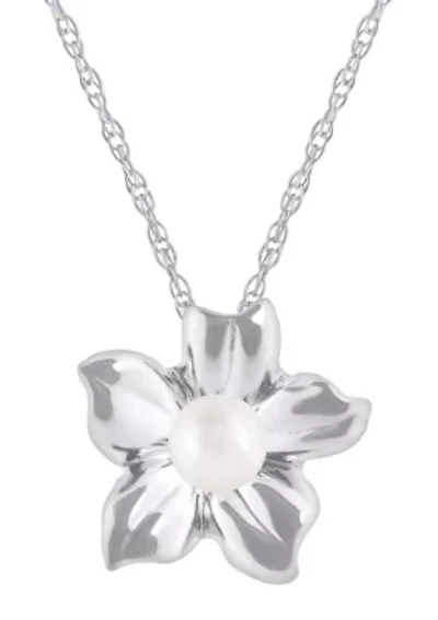 10K Gold 4mm Round Pearl Hibiscus Flower Pendant Necklace