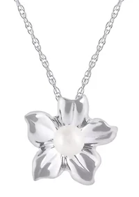 10K Gold 4mm Round Pearl Hibiscus Flower Pendant Necklace