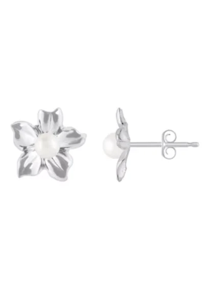 10K Gold 4mm Round Pearl Hibiscus Flower Earrings