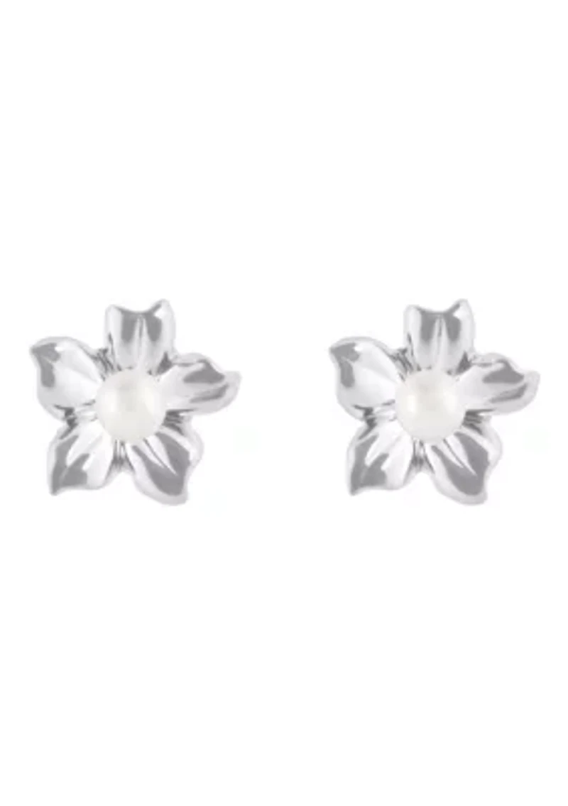 10K Gold 4mm Round Pearl Hibiscus Flower Earrings