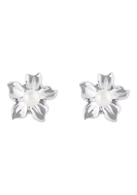 10K Gold 4mm Round Pearl Hibiscus Flower Earrings