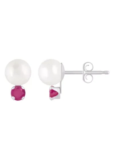 10K Gold 5mm Round Pearl with Ruby Accents Earrings