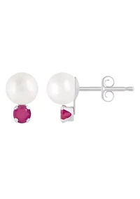 10K Gold 5mm Round Pearl with Ruby Accents Earrings