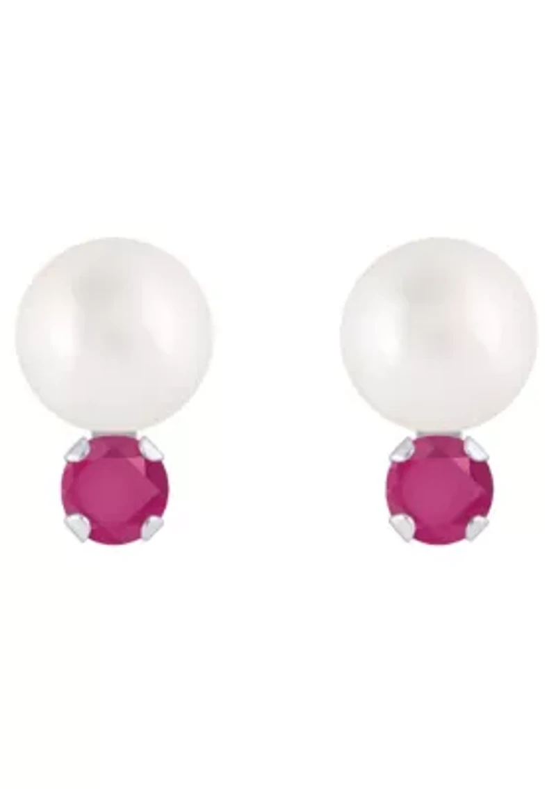 10K Gold 5mm Round Pearl with Ruby Accents Earrings