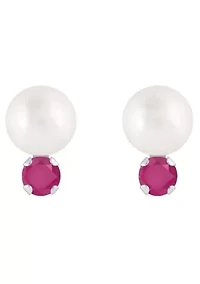 10K Gold 5mm Round Pearl with Ruby Accents Earrings