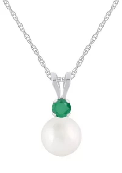 10K Gold 6mm Round Pearl with Emerald Accent Pendant Necklace