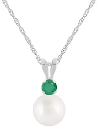 10K Gold 6mm Round Pearl with Emerald Accent Pendant Necklace