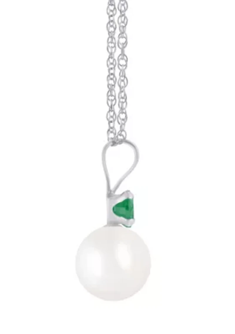 10K Gold 6mm Round Pearl with Emerald Accent Pendant Necklace
