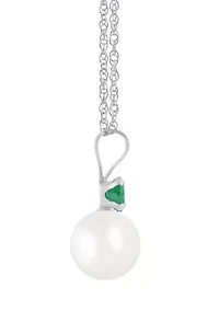 10K Gold 6mm Round Pearl with Emerald Accent Pendant Necklace