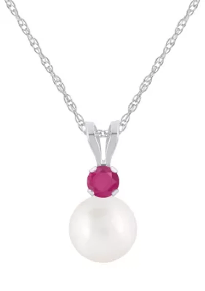 10K Gold 6mm Round Pearl with Ruby Accent Pendant Necklace