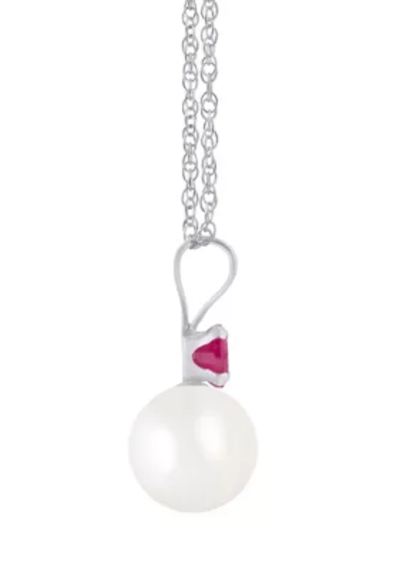 10K Gold 6mm Round Pearl with Ruby Accent Pendant Necklace