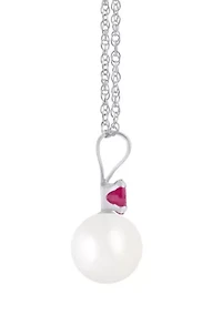 10K Gold 6mm Round Pearl with Ruby Accent Pendant Necklace