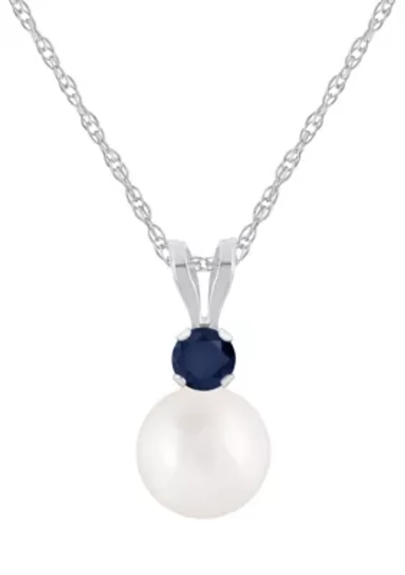 10K Gold 6mm Round Pearl with Sapphire Accent Pendant Necklace
