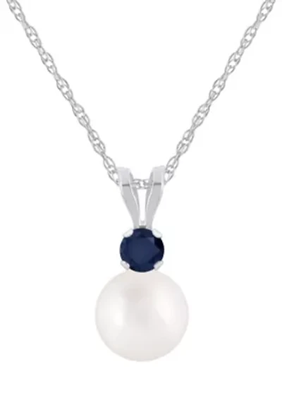 10K Gold 6mm Round Pearl with Sapphire Accent Pendant Necklace