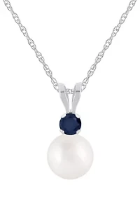 10K Gold 6mm Round Pearl with Sapphire Accent Pendant Necklace