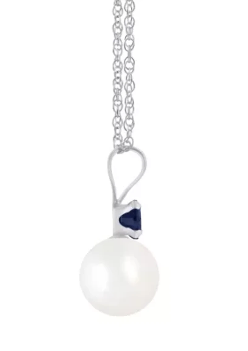 10K Gold 6mm Round Pearl with Sapphire Accent Pendant Necklace