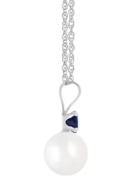 10K Gold 6mm Round Pearl with Sapphire Accent Pendant Necklace
