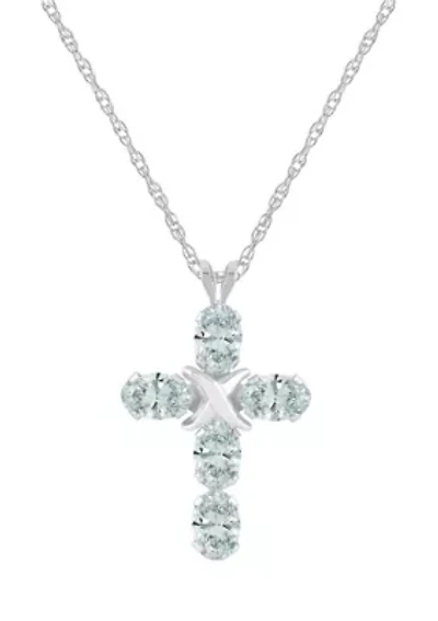 Lab Created 10K Gold 6x4mm Oval White Sapphire Fancy Cross Pendant Necklace