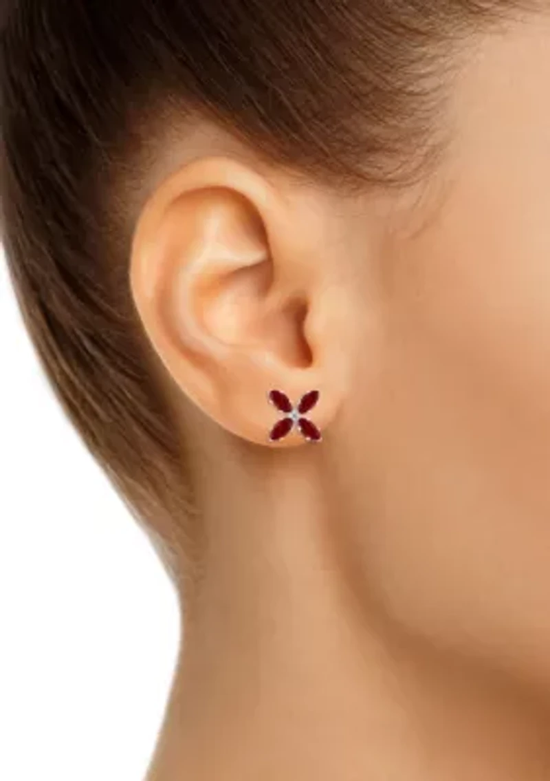 Lab Created 10K Gold 4x2mm Marquise Ruby Flower Stud Earrings