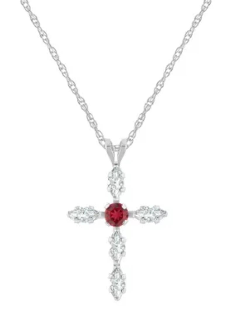 Lab Created 10K Gold 3mm Round Ruby & White Sapphire Cross Pendant Necklace