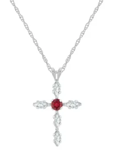 Lab Created 10K Gold 3mm Round Ruby & White Sapphire Cross Pendant Necklace