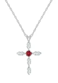 Lab Created 10K Gold 3mm Round Ruby & White Sapphire Cross Pendant Necklace