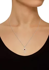 Lab Created 10K Gold 3mm Round Ruby & White Sapphire Cross Pendant Necklace