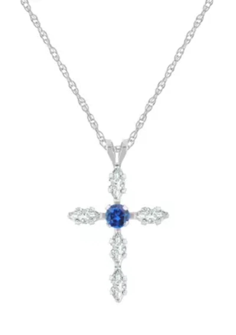 Lab Created 10K Gold 3mm Round Sapphire & White Cross Pendant Necklace