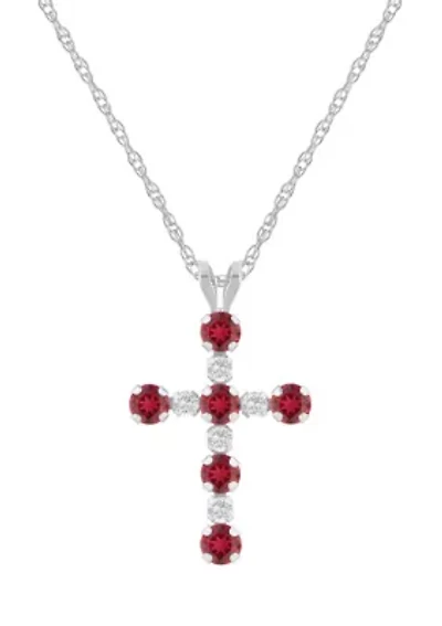 Lab Created 10K Gold 3mm Round Ruby & White Sapphire Alternating Cross Pendant Necklace