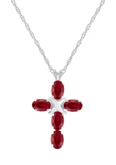 Lab Created 10K Gold 6x4mm Oval Ruby Fancy Cross Pendant Necklace